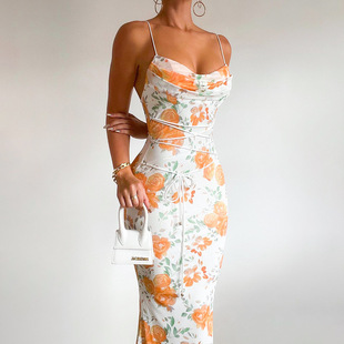 2025 Summer European and American Women's Elegant Waist Long Dress European and American Style Sling Printed Strap Slim Fit Dress Long Dress