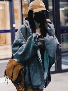 Yang Mi Same Style Fashion Brand High Version AW Fine Flash Foaming Zipper Long Sleeve Hooded Maillard Style Sweatshirt Jacket