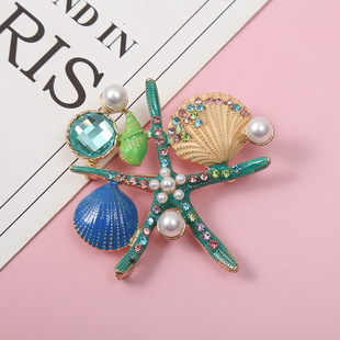 Korean ins Drop Oil Marine Life Brooch Starfish Shell Fashion Pin Metal Diamond Pearl Corsage Accessories