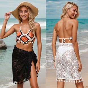 2025 cross-border new lace beach blouse sexy lace stitching wrap skirt bikini gauze Amazon