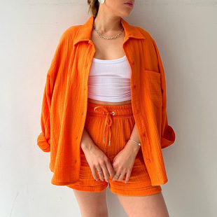 2023 Amazon European and American Women's Crepe Lel Long Sleeve Shirt High Waist Drawstring Shorts Fashion Casual Two-Piece Set
