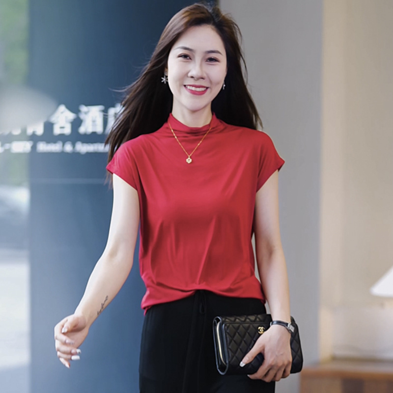 여성용 모달 블랙 하프 터틀넥 반팔 티셔츠 여름 아이스 실크 미드 칼라 바닥 셔츠 루즈 반소매 탑
