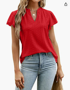 Amazon independent station 2023 spring and summer European and American new jacquard V-neck pile sleeve short sleeve T-shirt top cross-border women's clothing