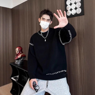 Autumn and Winter New Niche Ming Line Design Contrast Color Round Neck Sweater Men's Handsome Casual Loose All-match Couple Sweater