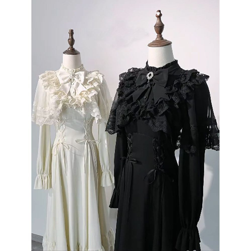 【Day and Night】 French-Style New Gothic Clear-Cut Long-Sleeve Bow-Knot Dress with a Waist-Cinching Design That Enhances Elegance and Slimness