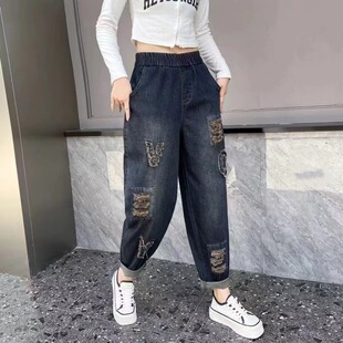 Real Shot plus size Artistic Retro Ripped Elastic Jeans Autumn New Loose Slimming Harlan Pants Dad