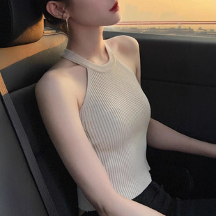 French-style Hanging Neck I-shaped Knitted Sling Women's Spring and Autumn Inner Dig Shoulder Top Sweet Hot Vest Slim-fit Sleeveless Outer Wear