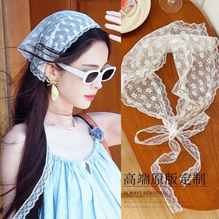 Nazha Same French Style Lace Scarf Ribbon Tie Hair Headwear Vacation Style Triangle Scarf Hair Belt Seaside Photo Hair Accessories