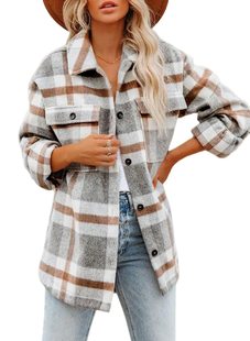 2022 New Cross-border Foreign Trade Women's Flannel Plaid Jacket Long Sleeve Buckle Chest Pouch Shirt Coat Shawl