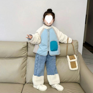 Girls winter cotton-padded jacket new suit 2024 children's cotton-padded jacket Korean fleece-lined thickened all-match stitching coat suit