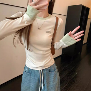 Unique Fake Two-piece Long-sleeved T-shirt Women's Top Autumn 2024 New Slim-fit Slimming Spice Girl Style Base Shirt