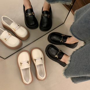 Women's Thick-soled Loafers for Autumn 2024 New British Style Retro All-match Simple Round Toe Shallow Mouth Single-layer Shoes