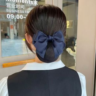 Head Flower Female Professional Net Pocket Work Bank Big Bow New Blue High-end Double Butterfly Hairpin Hair Net