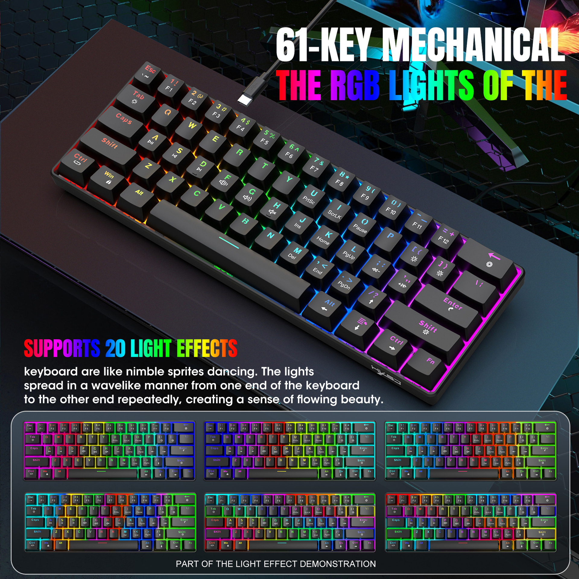 V900 Mechanical Keyboard 61 Key Mini Green Axis Various Lighting Colorful Keyboard Portable Suitable for Game Spot Wholesale