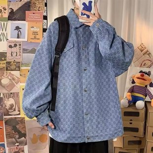 Hong Kong Style Spring and Autumn Fashionable Brand Printed Lapel Denim Jacket Men's Korean Style Washed Loose Casual Fashionable Jacket Top