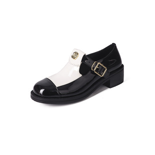 Round toe black and white color matching small fragrance style Camellia high-grade chunky heel single-layer shoes Women's Spring French temperament height increasing small leather shoes