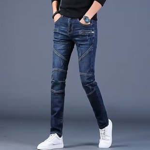 South Korea Distinctive Slim-fit Skinny Foot Distressed White Biker Blue Jeans Men's Handsome Patch Skinny Foot Pants Men