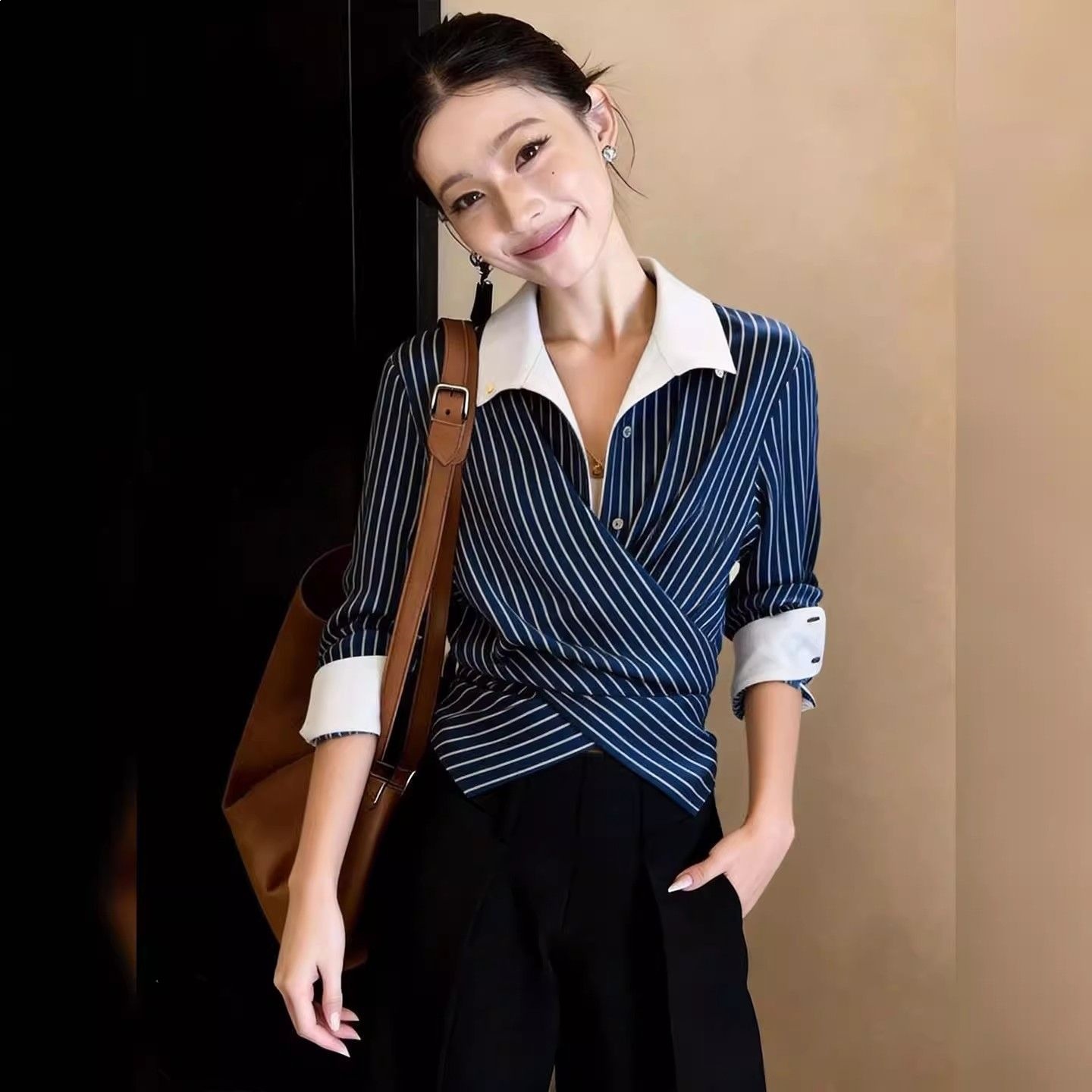 Casual and Stylish Workplace Style Patchwork Tops for Women, Lazy Style Loose Fit Slimming Waist-Cinching Tops, Niche Versatile 2026 Spring Collection