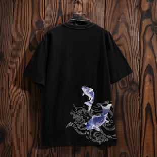 NaTional Trend Chinese STyle Koi Embroidered ShorT-sleeved T-shirT Men's Summer 2024 New Men's Casual Niche CloThes Half-sleeved