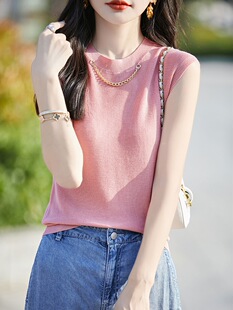 2025 Summer New Tencel Sweater Round Neck Short Sleeve Necklace Solid Color Outer Wear Elegant All-match Sleeveless Top