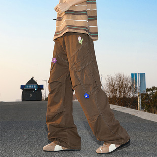 Dopamine Floret Decorative Large Pocket Wrinkle Crane Pants American Style Men's and Women's Street Casual Pants Machete Wide Leg Pants