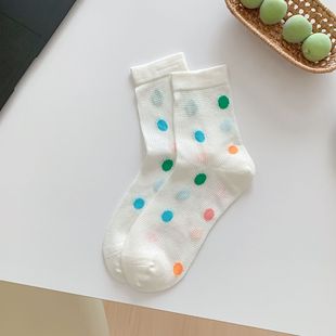 25 spring and summer socks boneless spot socks solid color hollow thin mid-tube women's socks ins wind girls piled socks cotton