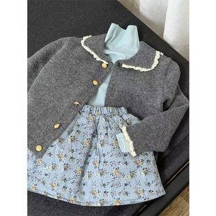 South Korea children's clothing girls sweater 2025 new spring fashion doll collar lace knitted cardigan floral skirt