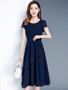 Cross-border New Summer Waist Slimming Age-reducing Elegant Mid-length Round Neck Solid Color Large Size Women's Dress Women's Fashion