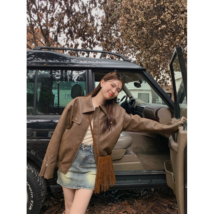 2026 Spring and Autumn New Old Money Style Jacket for Women, Melard Outfit, Western China Travel, Autumn American Style Coffee Color Leather Jacket