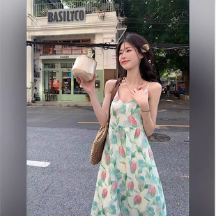 Smudged Tulip Seaside vacation Dress Women's Summer Beautiful and Super Nice v-neck Suspender Skirt Sweet Beach Long Skirt