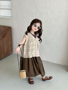 2024 spring new children's clothing Korean style children's clothing girls' hollow wool vest Mori knitted vest cardigan