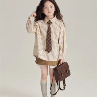New 2025 Spring New Shirt for Girls College Style Striped Shirt for Girls Stylish Shirt with Tie