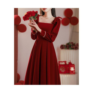 Toast Dress for Petite Brides 2024 New Engagement Dress Red Dress Autumn and Winter Homecoming Long-Sleeved Winter