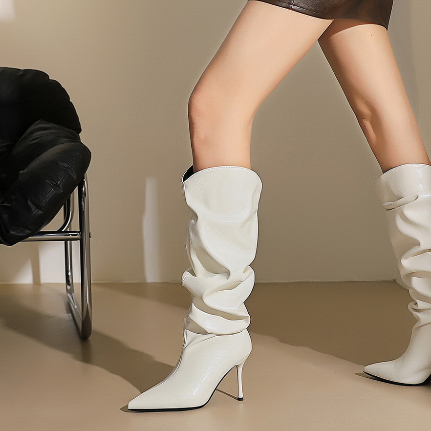 919-32 Women's Pointed Toe Stiletto Pleated Lazy Boots Wide Boots No More Than Knee High Knight Boots