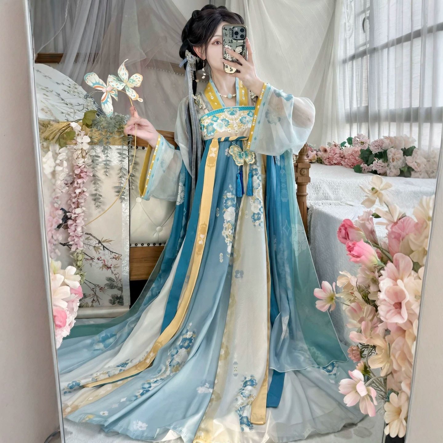 Adult Women's Hanfu with Butterfly Motifs, Ancient Style Tang Dynasty Design, One-Piece Chest-Length Skirt with Intricate Embroidery, Summer Wear
