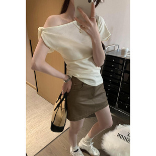 2025 Real Photograph Spice Girls Pure Desire Waffle Kink Slant Shoulder Short-sleeved T-shirt Women's Commuter Summer New Shoulder