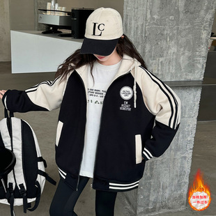 Girls Autumn and Winter Cotton-padded Baseball Coat 2024 New Girls' Thickened Hooded Sweater Cardigan Winter Coat
