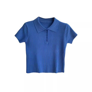 ReTro KniTTed POLO Lapel BuTTon ShorT T-shirT for Women in Spring Slimming Look VerTical PiT STrip Slim Top Trendy