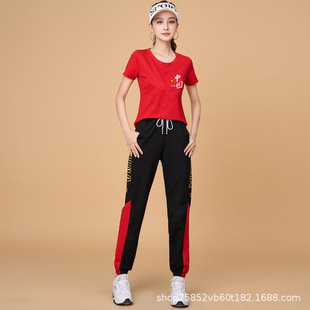 Square Dance Team Costume New Spring and Summer Short-sleeved Sports suit Red Clothes White Pants Gymnastics Team Ghost Step Costume