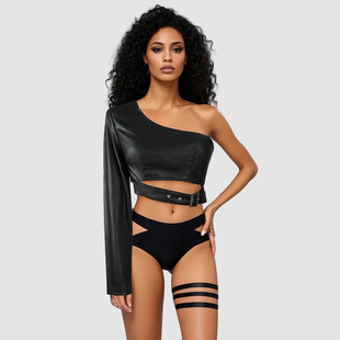 Cross-border locomotive punk single shoulder PU leather rock dance Joker irregular short coat European and American independent station net red