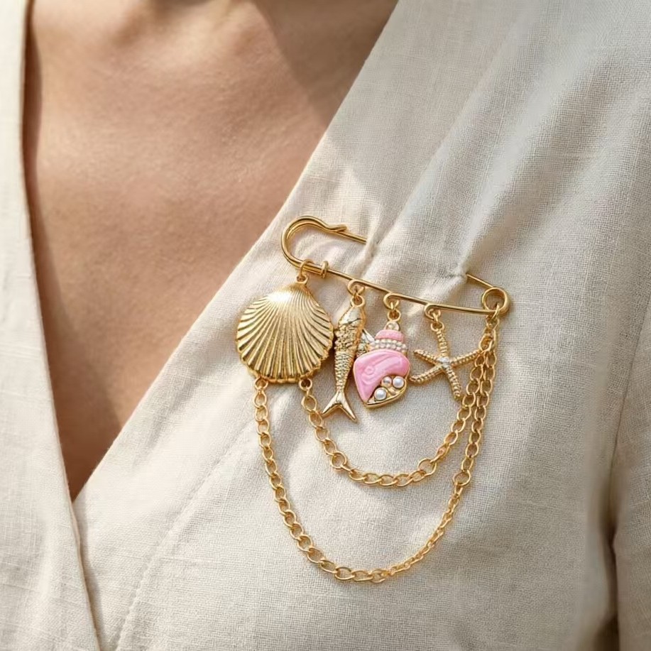 Beach Vacation Style Versatile Gentle Pink Shell Fish Starfish Long Brooch Multi-Layer Metal Chain Tassel Brooch