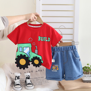 Children's Short-sleeved suit 2025 New Boys Summer Baby Cartoon Car T-shirt Summer Thin Clothes 2-piece Set