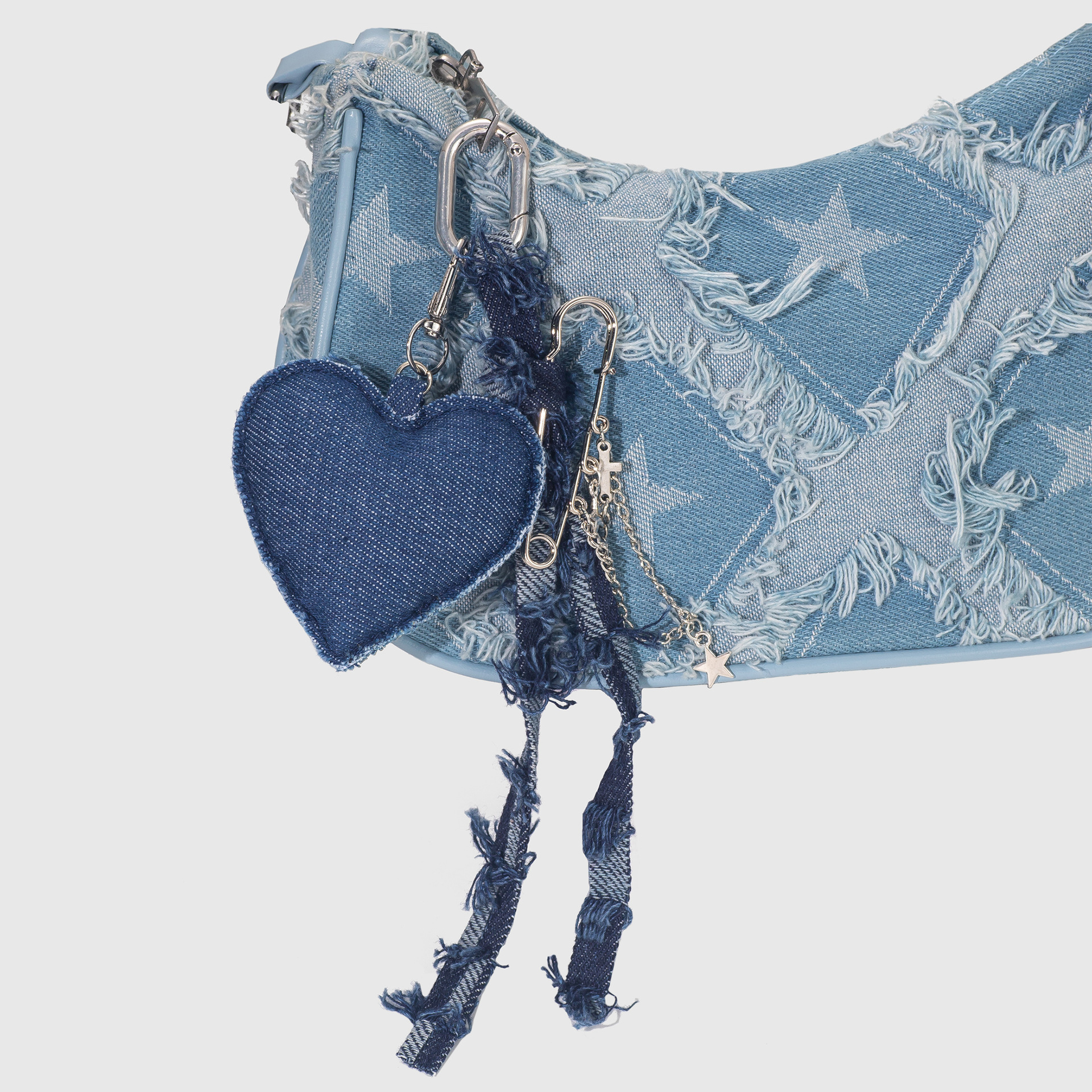 New trendy and exquisite denim heart and star chain, creative DIY keychain/bag charm.