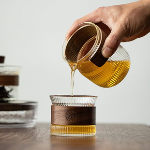 High Borosilicate Transparent Japanese-style Glass Public Cup Household Public Cup with Insulation Wooden Ring Tea Set Kung Fu Tea Sea suit