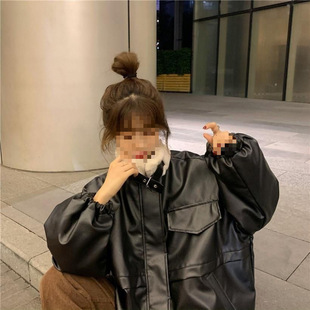 2022 Winter Korean fleece-lined Thickened Small Loose Vertical Collar Loose PU Leather Long Sleeve Jacket 910-2