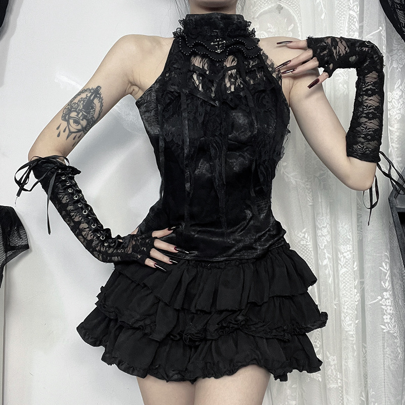 Xs24216 Autumn 2025 New Street Style Versatile Gothic Pleated Rose Strap Spider Web Bow Tie Top for Women