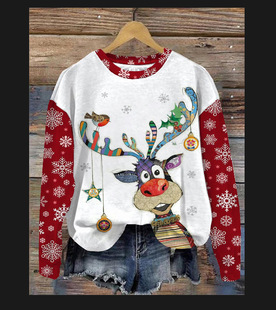 European and American Cross-border Foreign Trade New Women's Round Neck 3D Leopard Print T-shirt Casual Spring and Autumn Fashion Slimming Women's Clothing