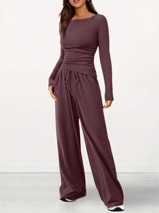 in stock Autumn 2024 Cross-border Women's Clothing Amazon Hot Solid Color Trousers Long Sleeve Casual Fashion Two-piece Suit