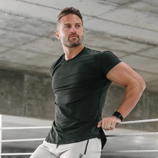 Muscle New Solid Color Bodybuilding T-shirt Tight Elastic Short Sleeve Men's Running Training Clothes Tops Brothers Cross-border Wholesale