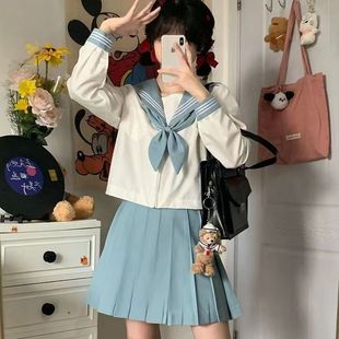 White and Blue three JK uniform skirt basic genuine goods sailor suit bad Japanese college style suit short sleeve A- line skirt